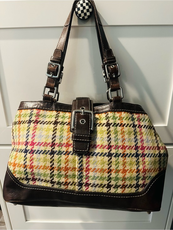 Coach Handbags - Coach Multicolor Plaid Shoulder Bag with Dark Brown Leather Trim